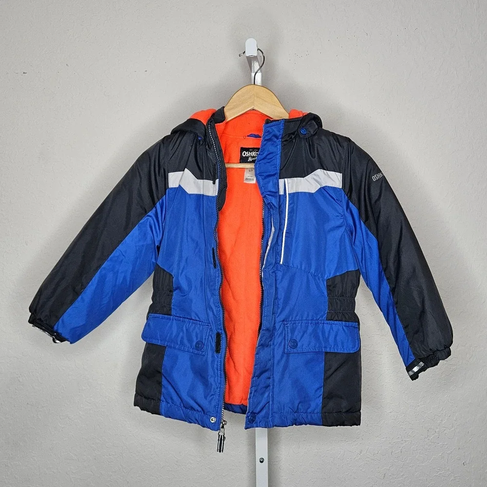 OshKosh B'gosh Boys Blue Black Colorblock Fleece Lined Hooded Puffer Jacket L 7